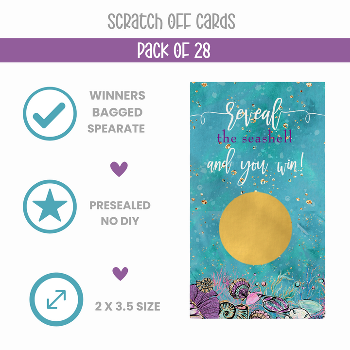 Enchanting Seashells Scratch Off Game Cards (28 Pack) Wedding, Showers, Retirement Purple and Gold - Paper Clever Party