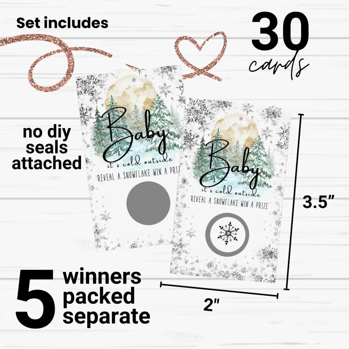 Winter Wonderland Baby Shower Games for Girls or Boys - 30 Cards - Fun Scratch Off Game Guest Activities to Win Prizes, Rustic Snowflake Party Theme Favors and Ideas