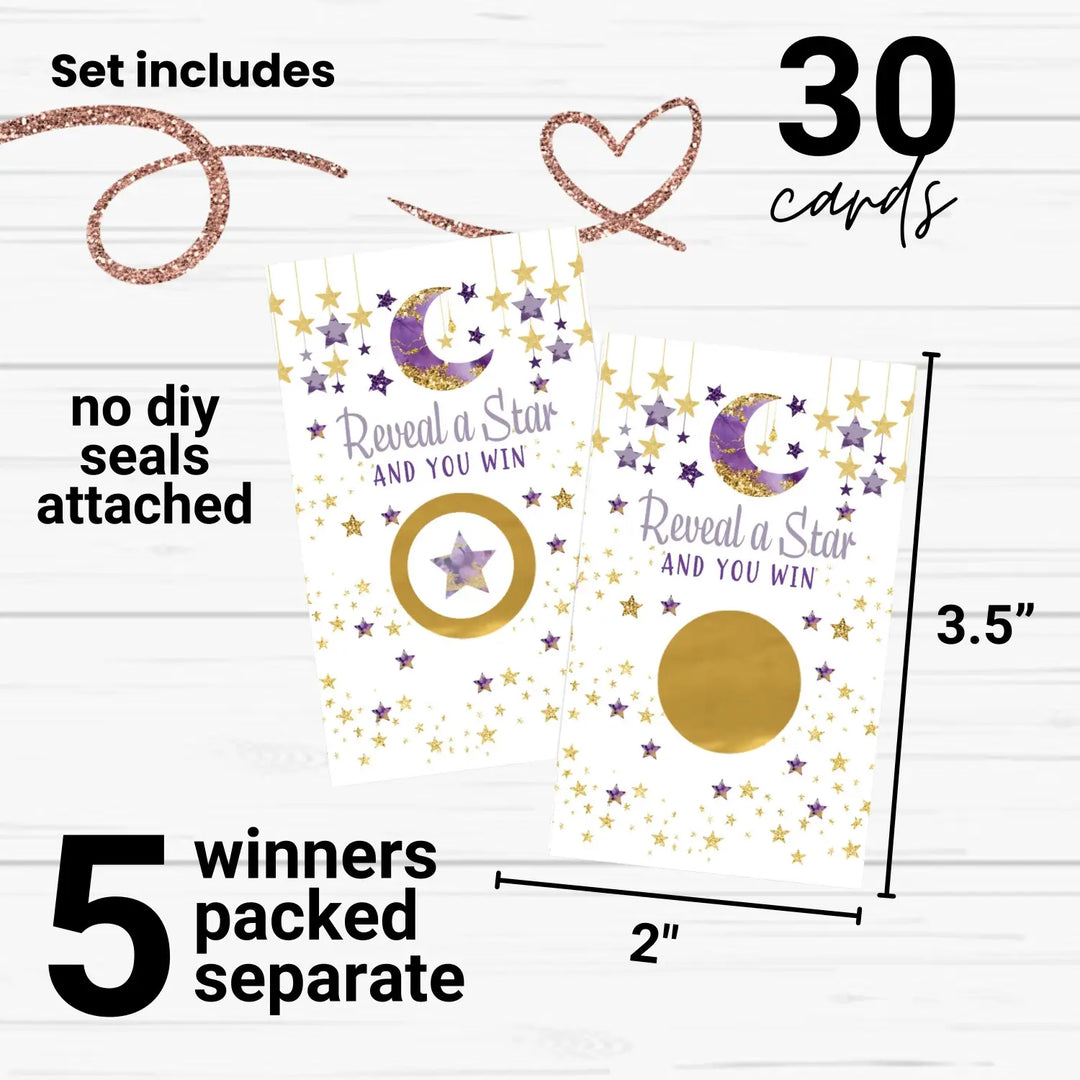 Twinkle Little Star Baby Shower Games for Girl - 30 Cards - Fun Scratch Off Game Guest Activities to Reveal Prizes Favors Ideas Purple and Gold Theme