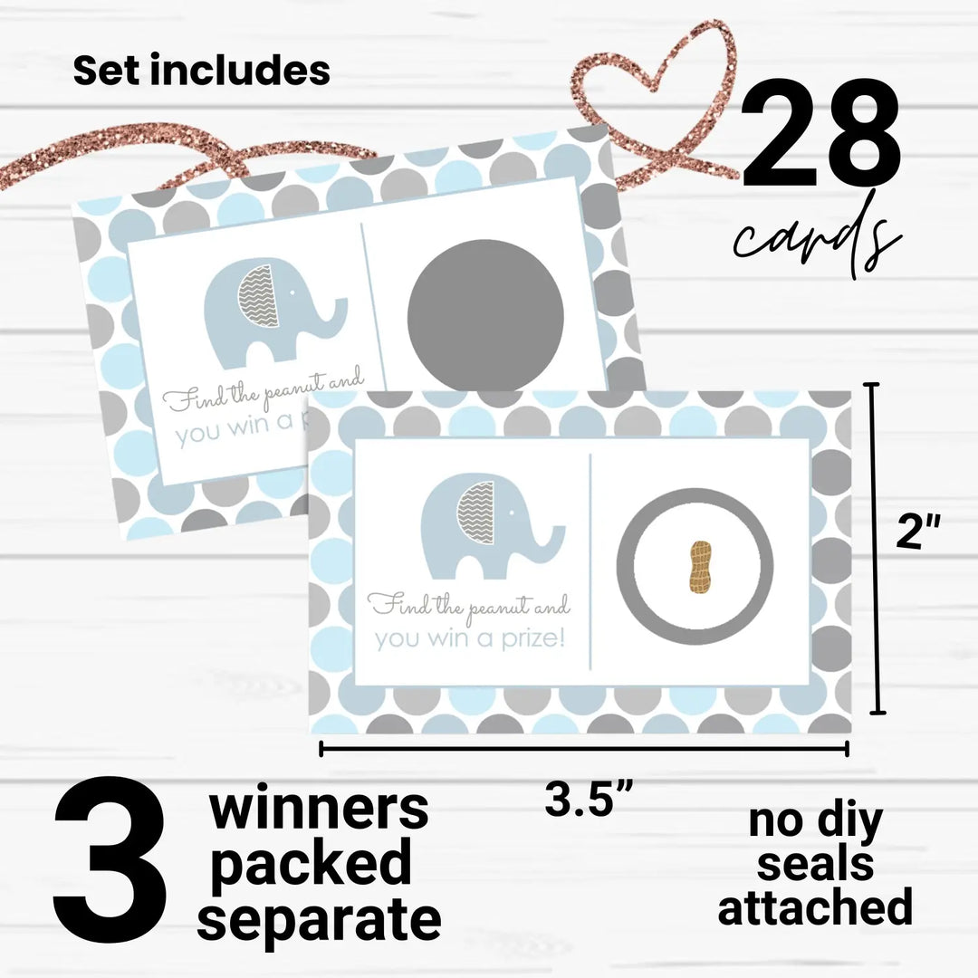 Baby Shower Games Elephant - 28 Cards - Fun Scratch Off Game Guest Activities to Reveal Prizes, Safari Favors Ideas Prince Theme Blue and Grey