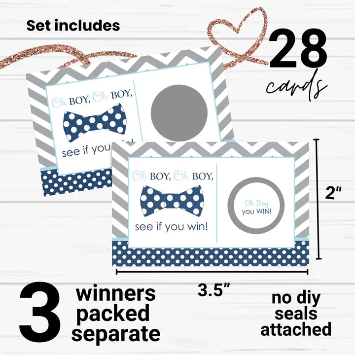 Baby Shower Games for Boy - 28 Cards - Fun Scratch Off Game Guests Activities to Reveal Prizes, Little Man Theme Favors Bowtie Ideas Blue and Grey