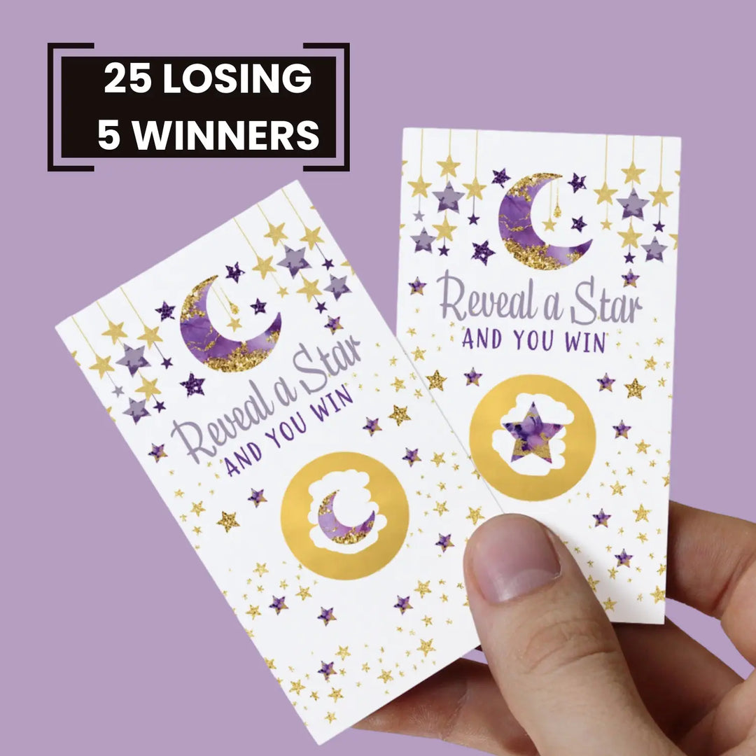 Twinkle Little Star Baby Shower Games for Girl - 30 Cards - Fun Scratch Off Game Guest Activities to Reveal Prizes Favors Ideas Purple and Gold Theme