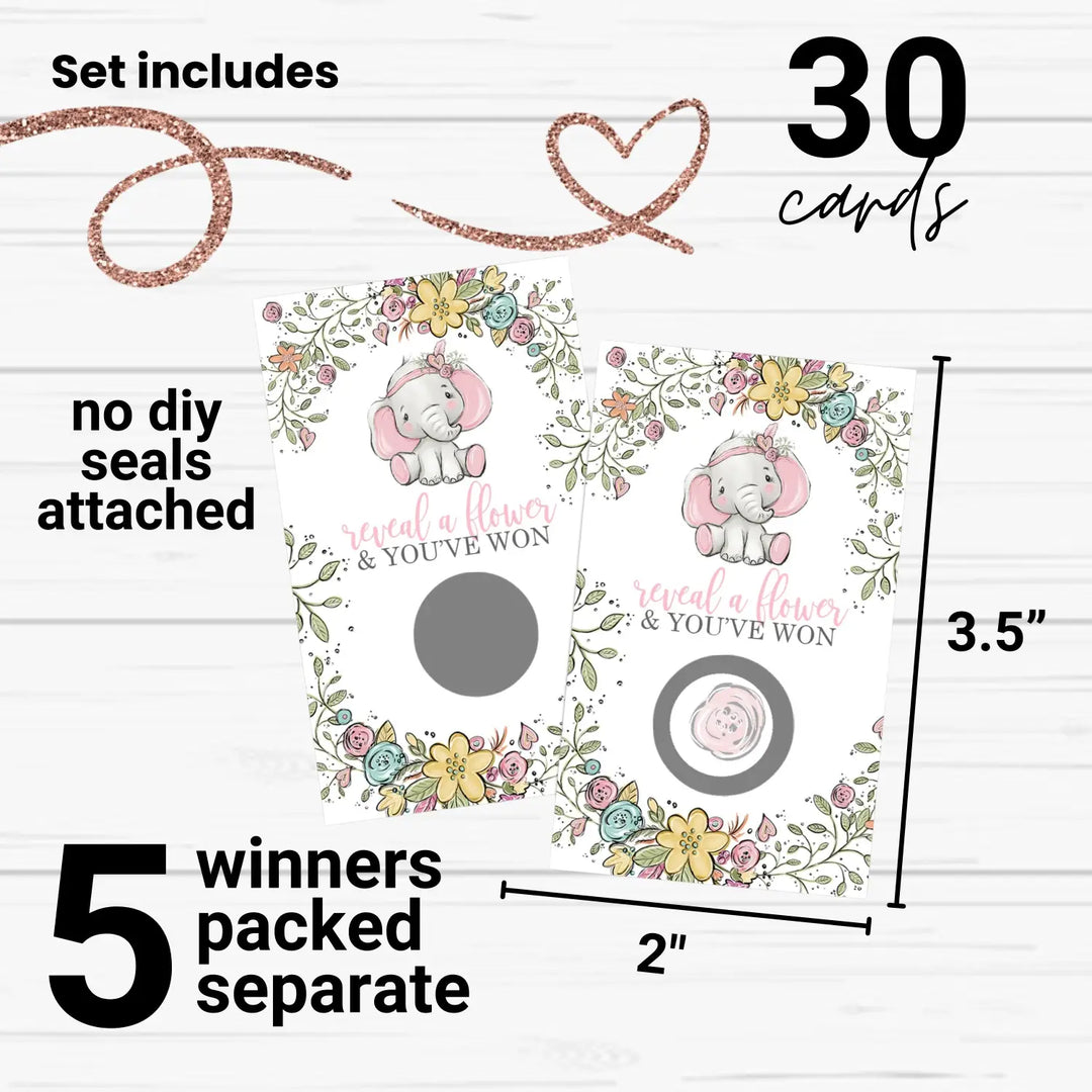 Elephant baby shower games for girls - 30 cards - fun scratch off game guest activities reveal to win prizes cute pink