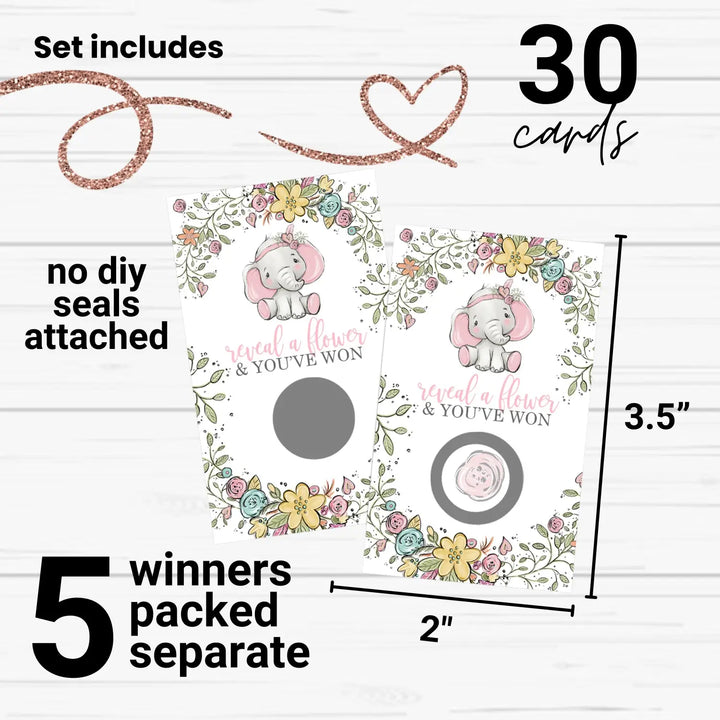 Elephant baby shower games for girls - 30 cards - fun scratch off game guest activities reveal to win prizes cute pink