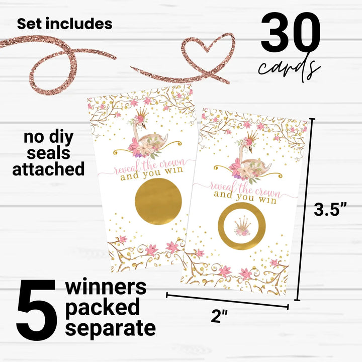 Swan Princess Baby Shower Games for Girl - 30 Cards - Fun Scratch Off Game Guest Activities to Reveal Prizes Favors Ideas Enchanting Theme Pink and Gold