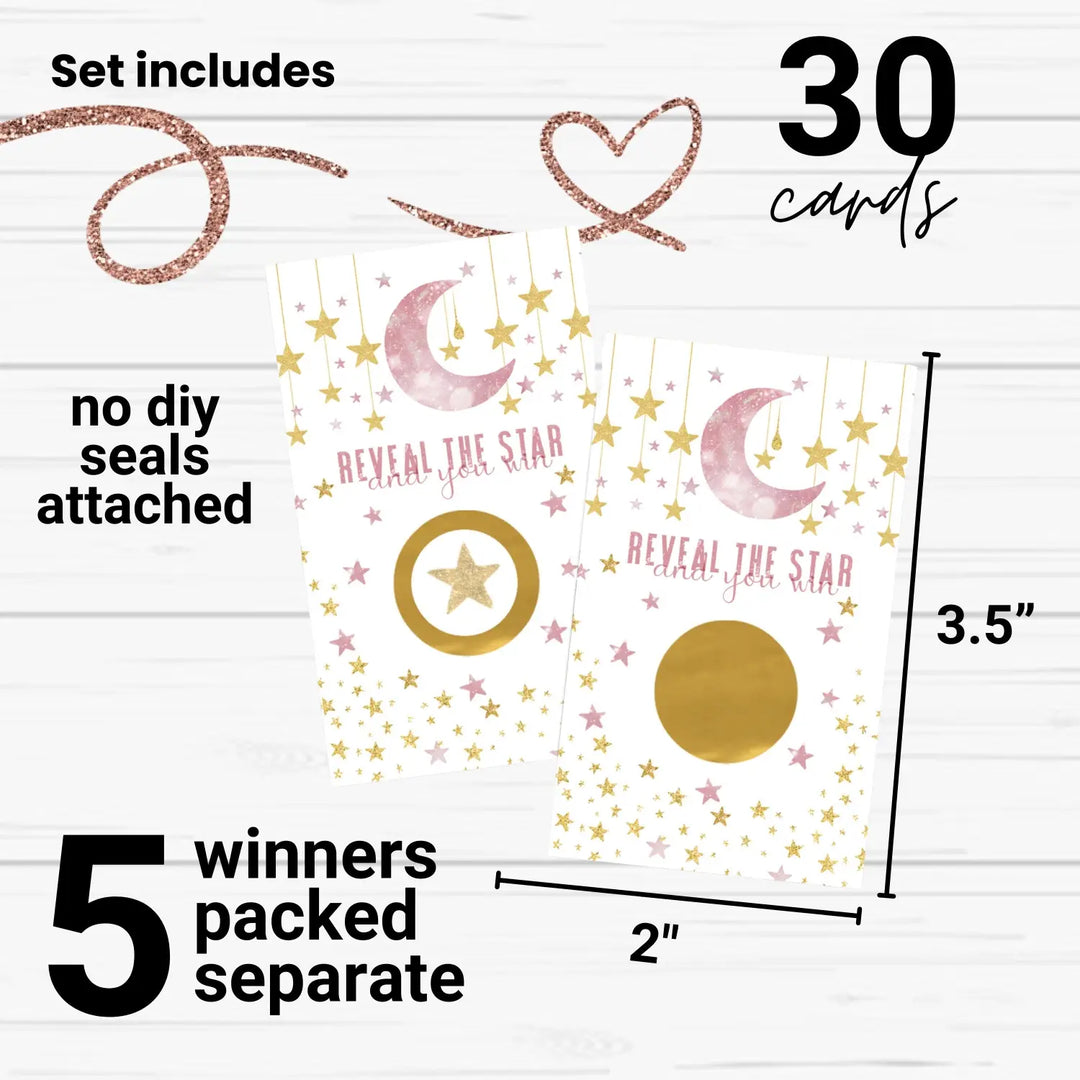 Twinkle Little Star Baby Shower Games Girls - 30 Cards - Fun Scratch Off Game for Guest Prizes, Activities and Favors Ideas, Pink and Gold Theme