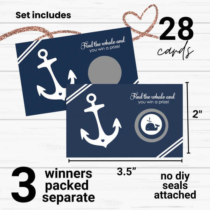 Nautical Baby Shower Games Boys - 28 Cards - Fun Scratch Off Game Guest Activities to Win Prizes Anchor Favors Blue and Grey Theme Pack Ideas