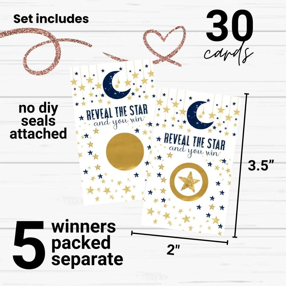 Twinkle Little Star Baby Shower Games for Boy - 30 Cards - Fun Scratch Off Game for Guest Prizes, Activities or Favors Ideas, Blue and Gold Theme