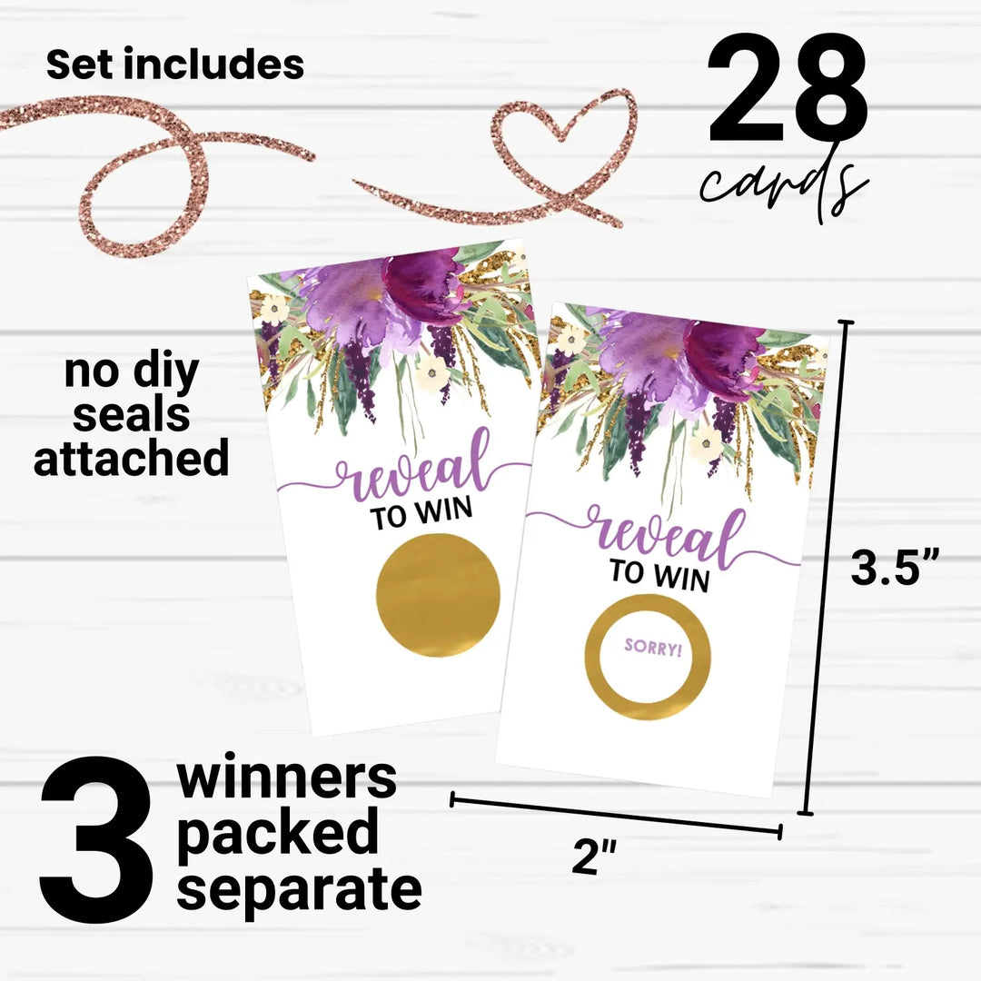 Purple Bridal Shower Games Boho - 28 Pack - Fun Scratch Off Raffle Cards Wedding Shower Game or Engagement Party Ideas, Rustic Floral Themes