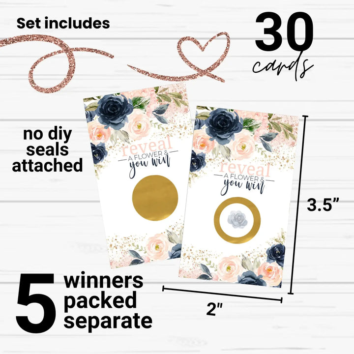 Bridal Shower Games Boho - 30 Pack - Fun Scratch Off Raffle Cards, Wedding Shower Game or Engagement Party Ideas, Rustic Blue and Pink Floral Themes