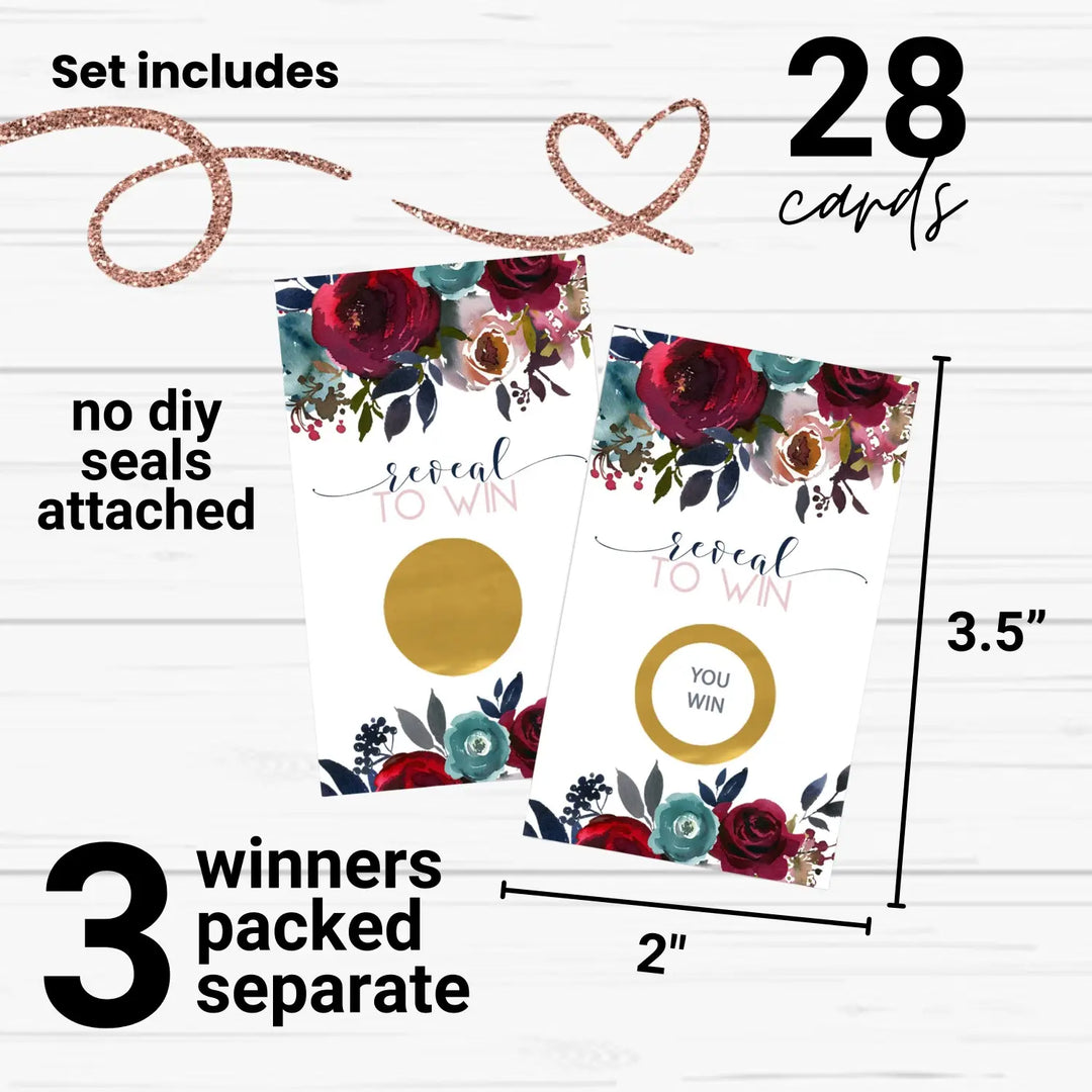 Boho Bridal Shower Games Floral - 28 Pack - Fun Scratch Off Raffle Cards Wedding Shower Game or Engagement Party Ideas, Burgundy and Blue Themes