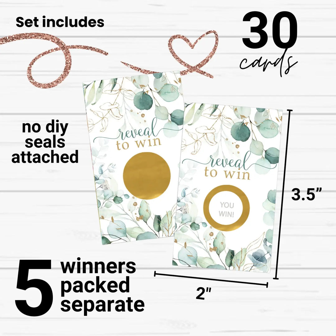 Bridal Shower Games - 30 Pack - Fun Scratch Off Raffle Cards Wedding Shower Game Engagement or Reception Ideas, Sage and Gold Eucalyptus Themes