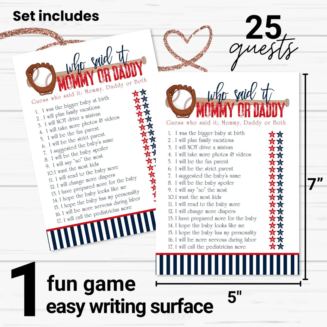 Baseball Mommy or Daddy Baby Shower Game - 25 Pack Guess Who Activity Cards, Sports Themed Red and Blue Gender Reveal, Printed 5x7 Set