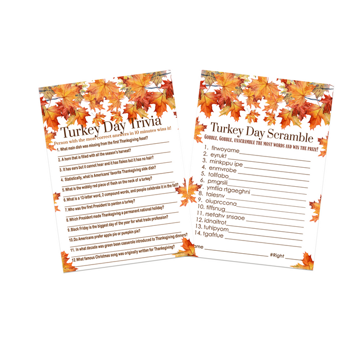 Pumpkin-Themed Thanksgiving Trivia & Word Game Bundle - 2-in-1 Turkey Dinner Word Scramble - 25 Guests - Paper Clever Party