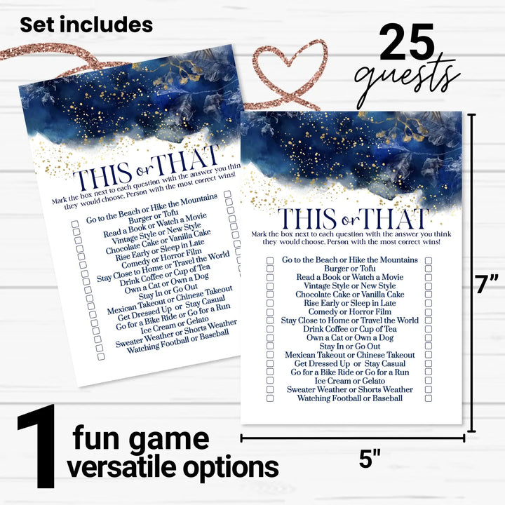 Blue Bridal Shower Games - Would She Rather Bridal Shower Game, Fun This or That for Graduation Party, Rehearsal Dinner, Birthday Girl, Gold Floral Watercolor Design, 25 Card Pack