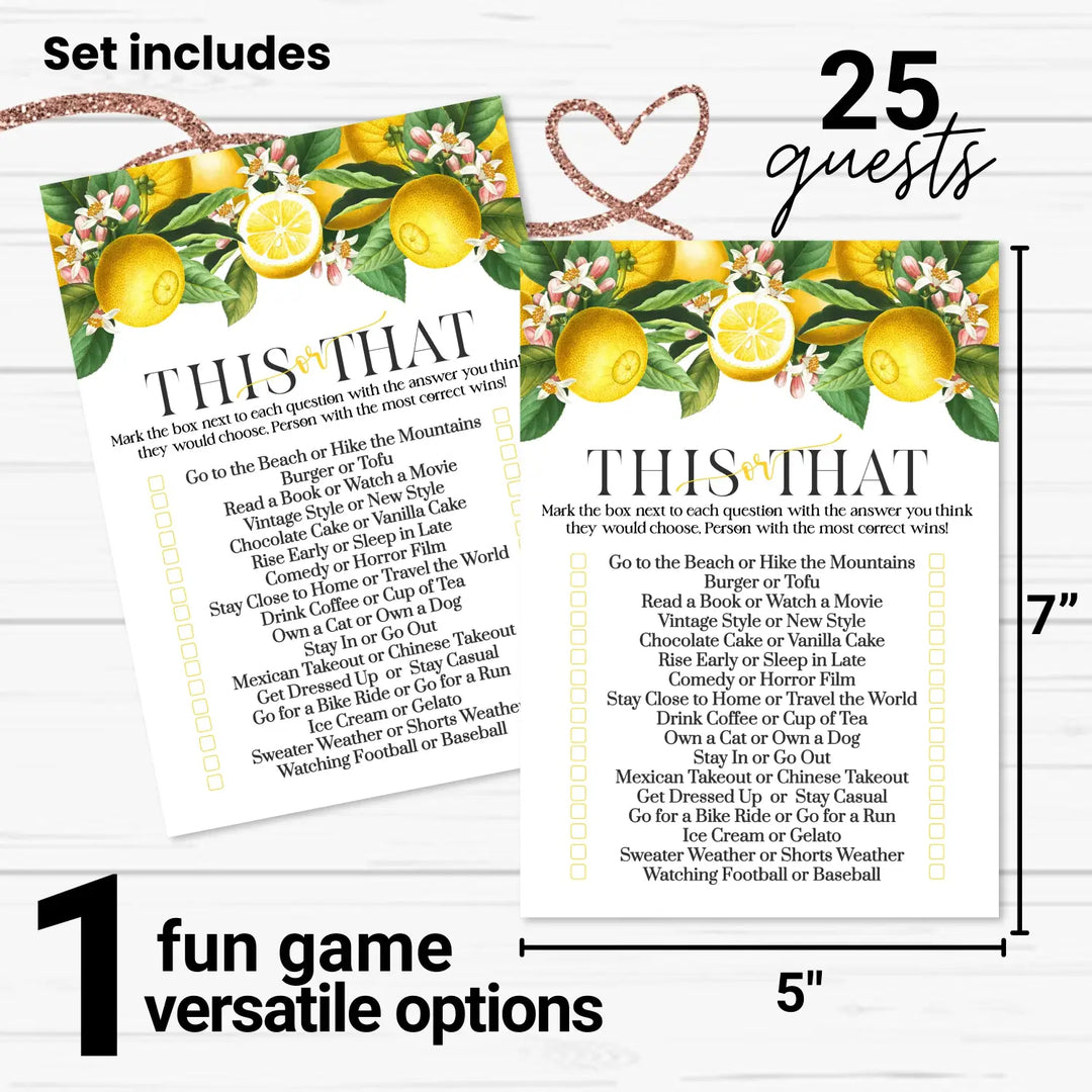 Lemon Bridal Shower Games - Would She Rather Bridal Shower Game, Fun This or That for Graduation Party, Rehearsal Dinner, Birthday Girl, Main Squeeze Design Botanicals, 25 Card Pack