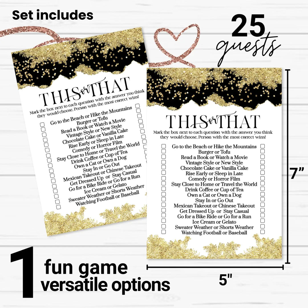 Black and Gold Bridal Shower Games - Would She Rather Bridal Shower Game, Fun This or That for Graduation Party, Rehearsal Dinner, Birthday Girl, Modern Design, 25 Card Pack