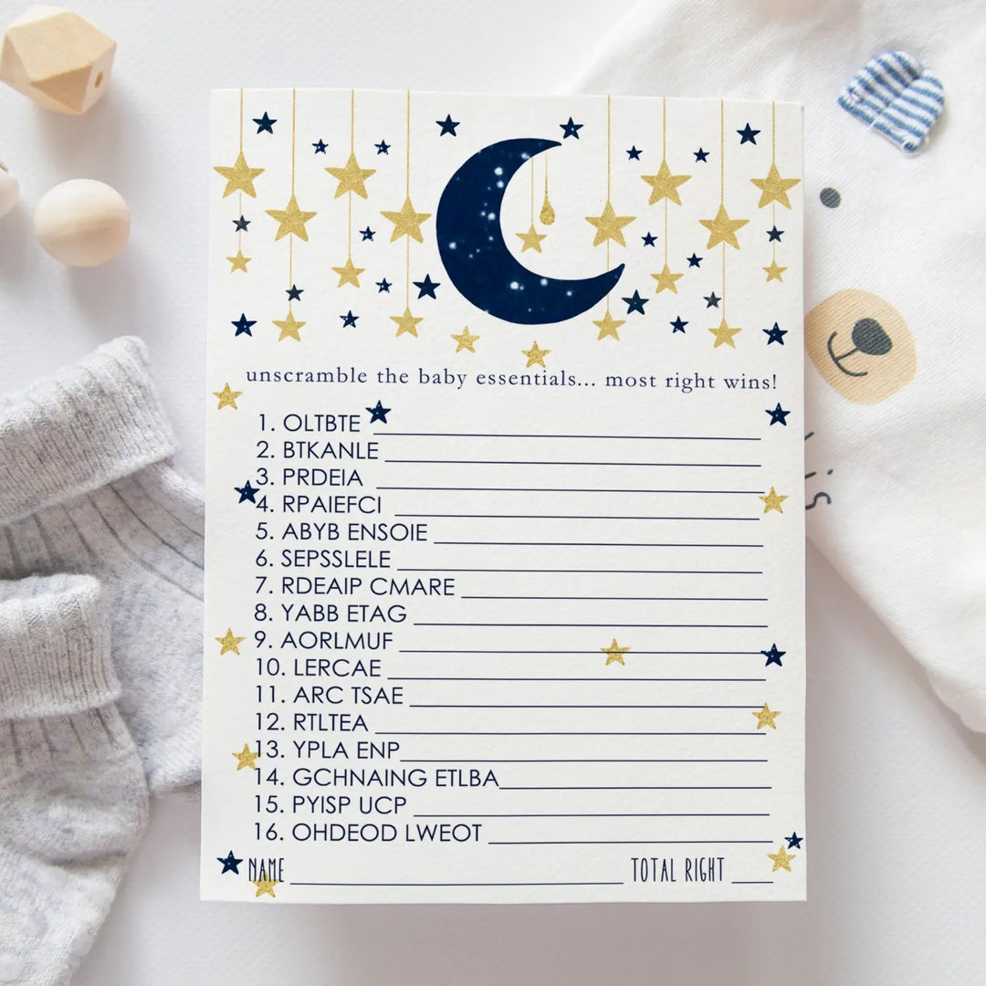 Twinkle Little Star Boy Baby Shower Games - Word Scramble Activities for Guests, Celestial Theme Decorations, Blue and Gold Favors, 25 Cards