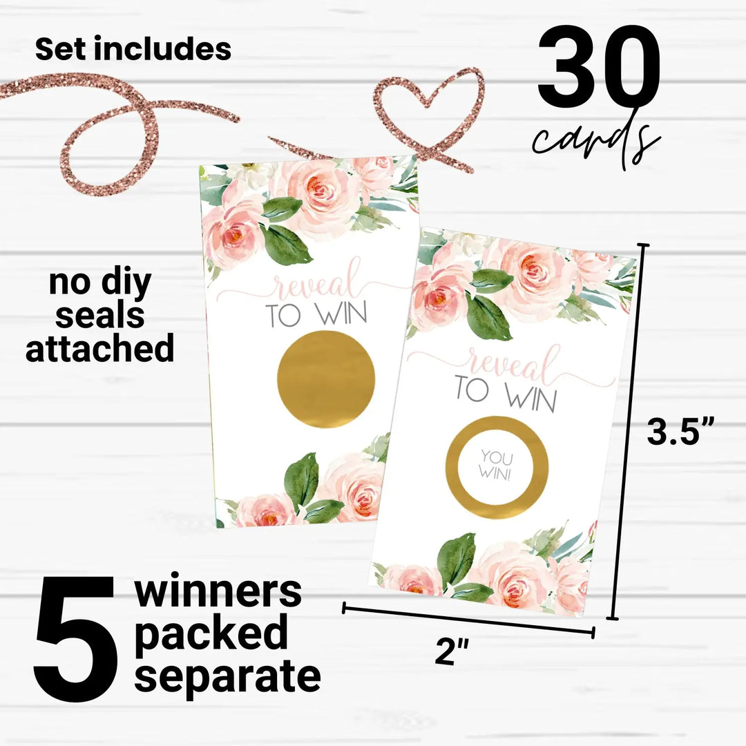 Graceful Floral Bridal Shower Scratch Off Games - 30 Cards - Fun Wedding Shower Game or Engagement Party Ideas, Rustic Greenery with Blush and Gold Themes