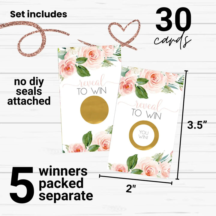 Graceful Floral Bridal Shower Scratch Off Games - 30 Cards - Fun Wedding Shower Game or Engagement Party Ideas, Rustic Greenery with Blush and Gold Themes