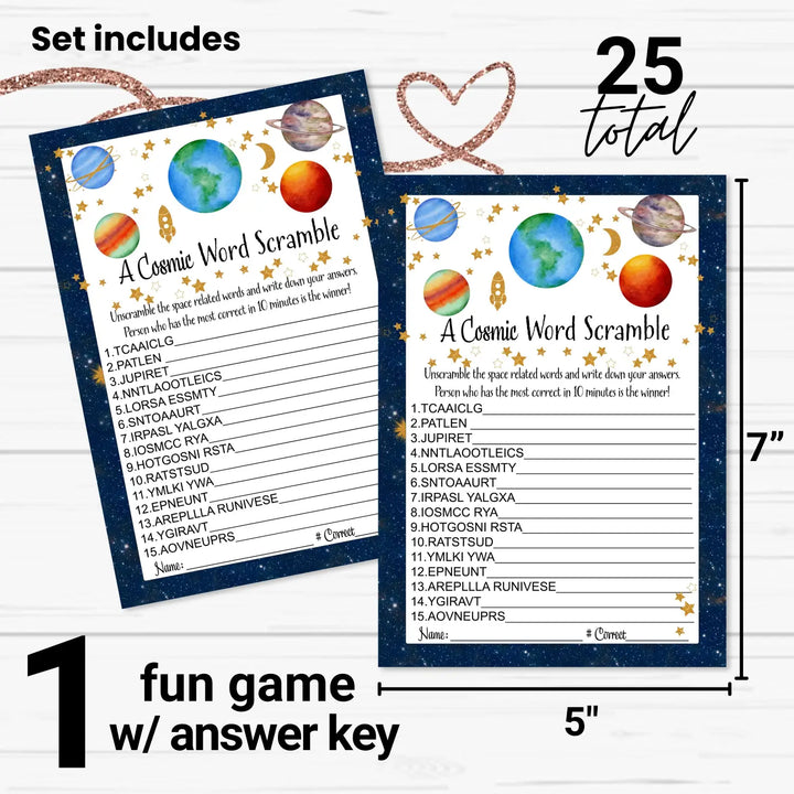 25-Pack Cosmic Baby Shower Word Scramble Game - Celestial Theme, Educational Space Fun, 5x7