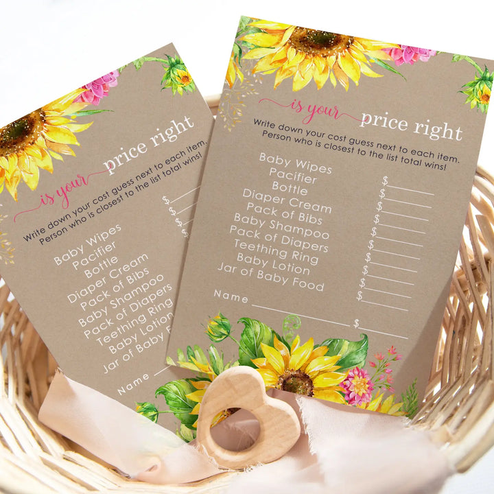 Sunflower guess the price baby shower games – 25 guests rustic fall flower themed activities for girls pink and yellow