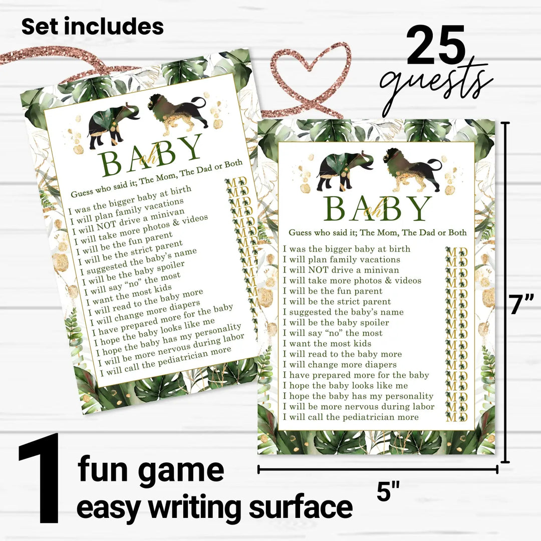 Tropical jungle baby shower game mommy or daddy - 25 pack guess who gender reveal activity cards greenery and gold