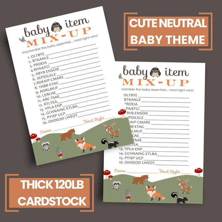 Woodland Baby Shower Word Scramble Game - 25 Pack Unscramble Activity Cards for Gender Reveal - Rustic Forest Animal Theme for Boy Girl - Printed 4 x 6 Size Set