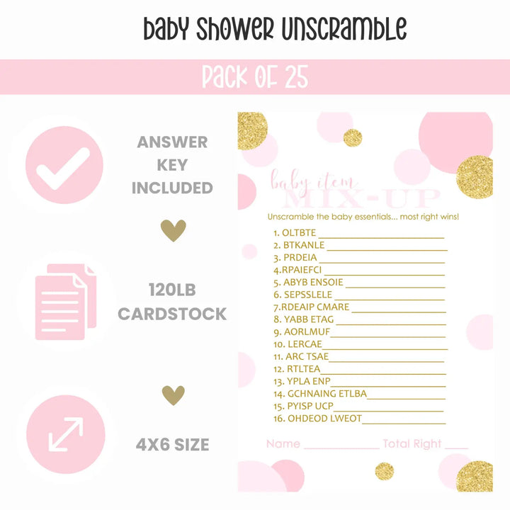 Rose Gold Baby Shower Games for Girls - 25 Cards, Fun Word Scramble Activities for Guests, Twinkle Little Star Themes