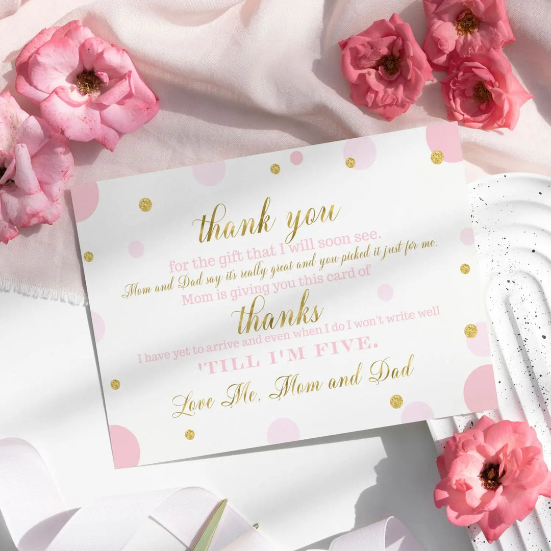 Pink and Gold Thank You Cards for Baby Girl Shower – Personalized Notecards (Pack of 25)