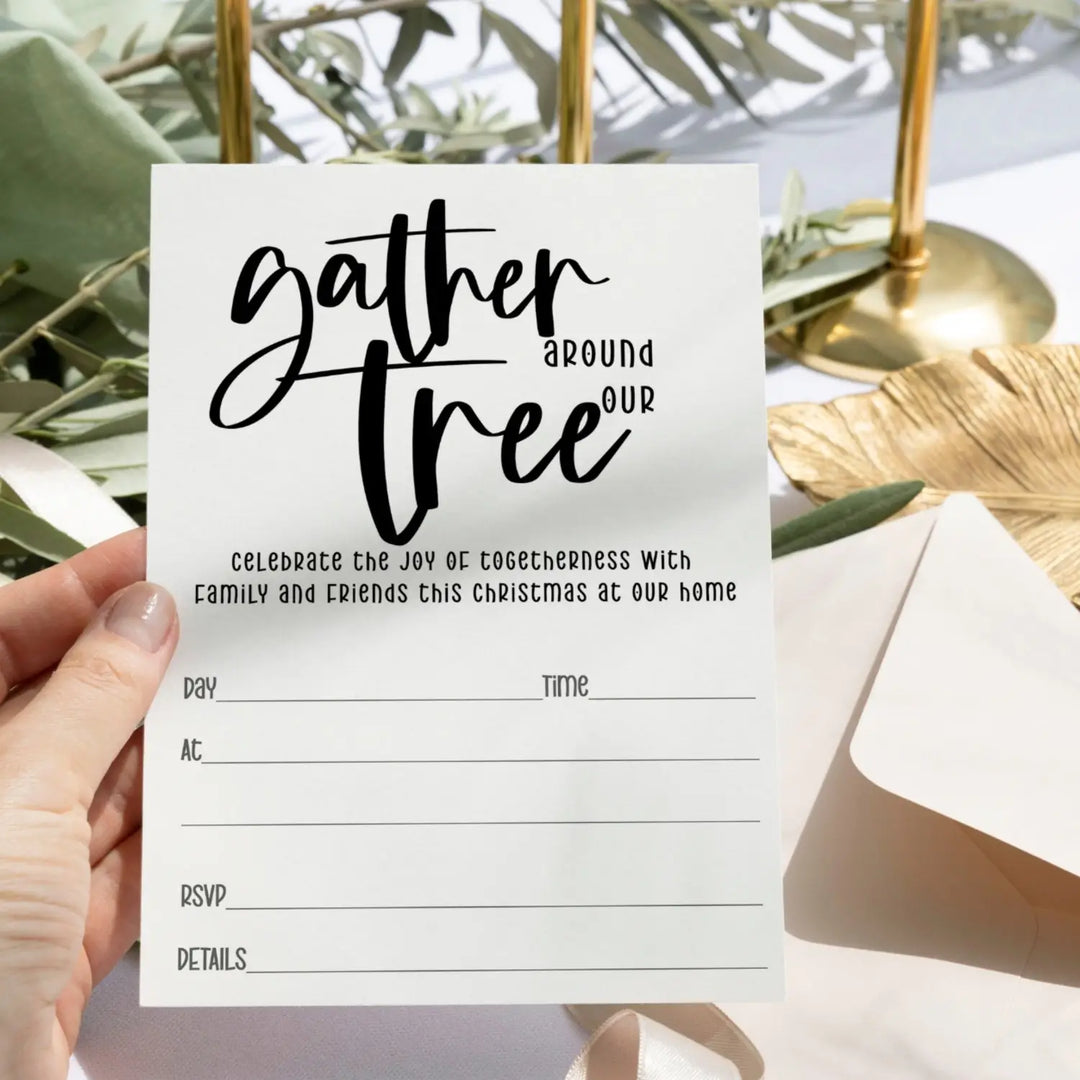 Elegant Black & White Christmas Tree Invitations - “Gather Around Our Tree” - 20 Pack