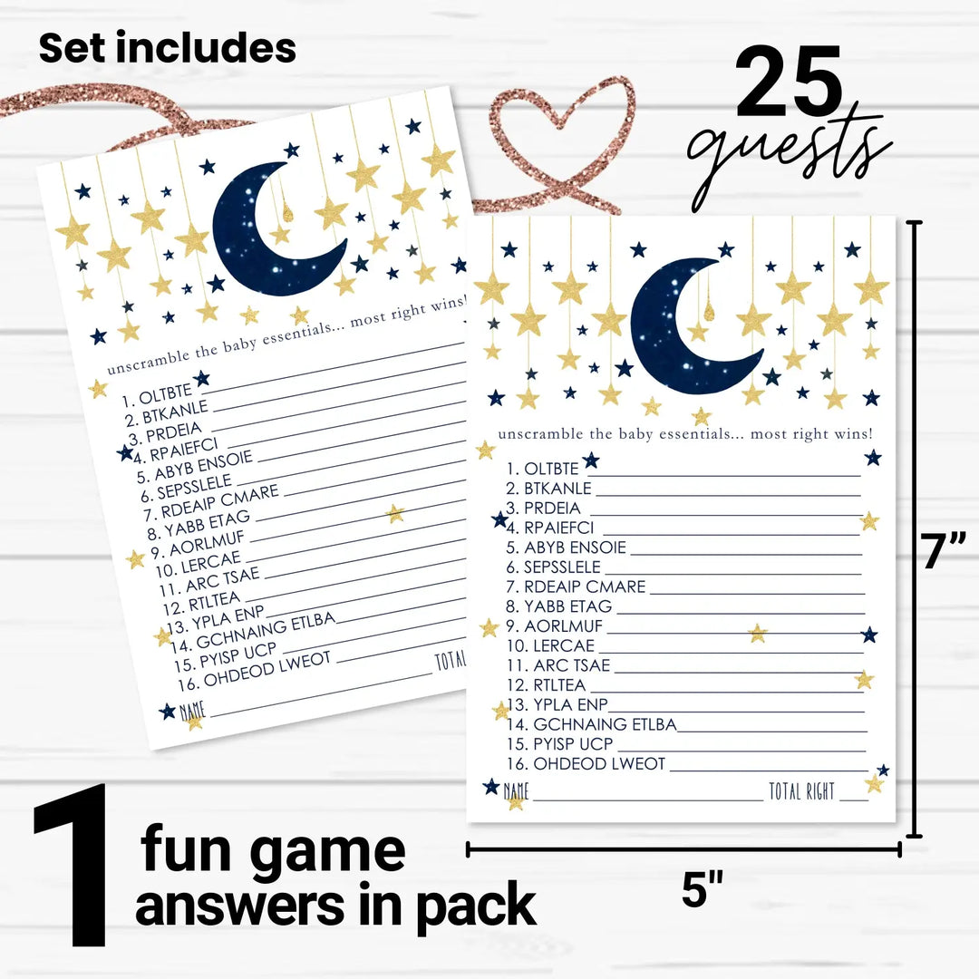 Twinkle Little Star Boy Baby Shower Games - Word Scramble Activities for Guests, Celestial Theme Decorations, Blue and Gold Favors, 25 Cards