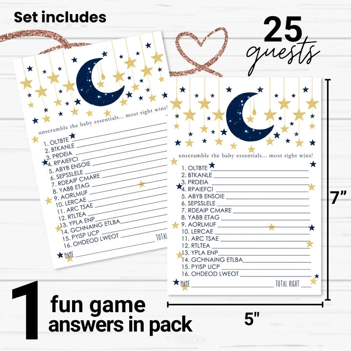 Twinkle Little Star Boy Baby Shower Games - Word Scramble Activities for Guests, Celestial Theme Decorations, Blue and Gold Favors, 25 Cards