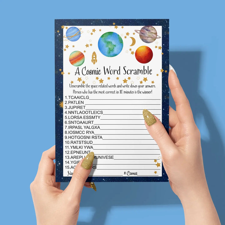 25-Pack Cosmic Baby Shower Word Scramble Game - Celestial Theme, Educational Space Fun, 5x7