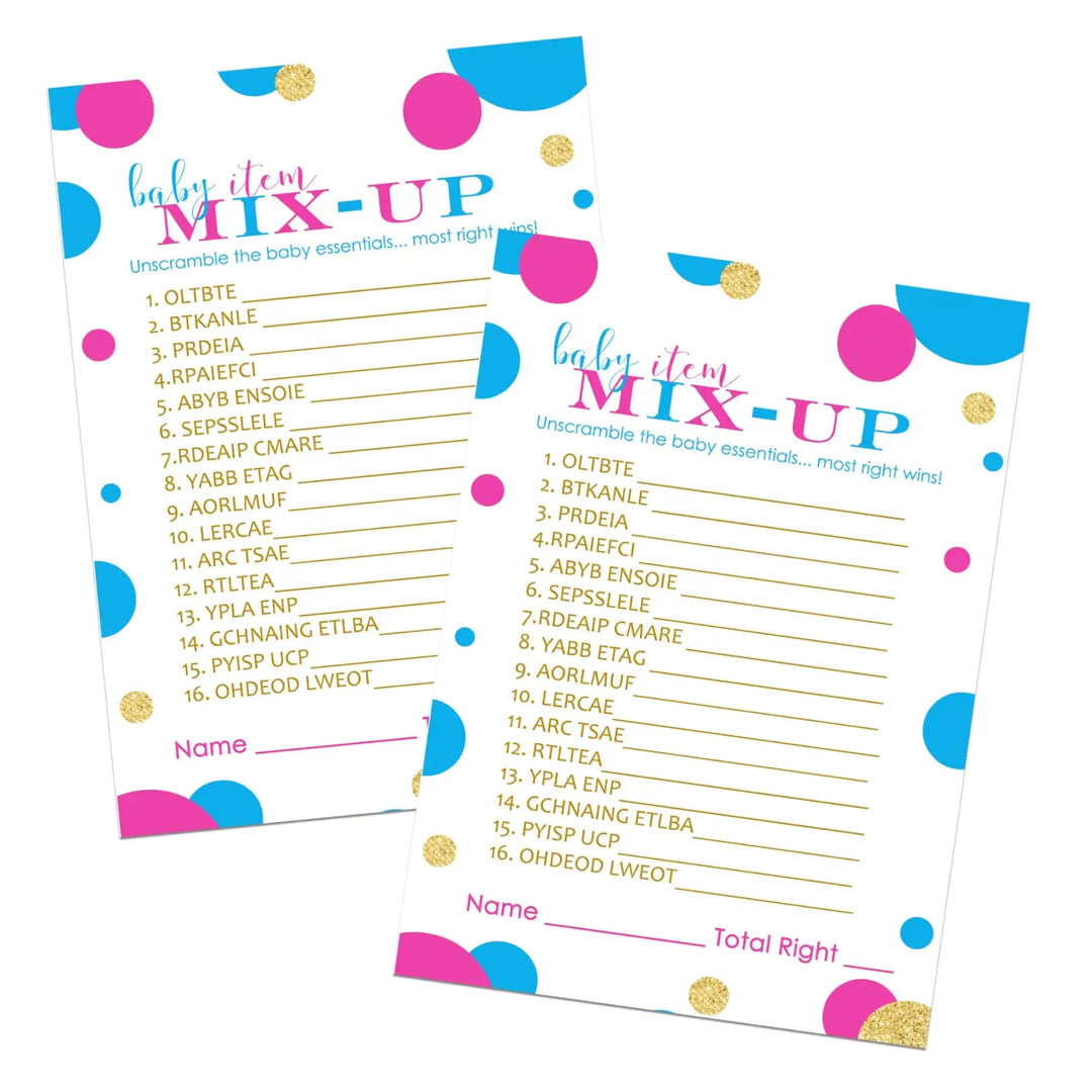 25-Pack Gender Reveal Baby Shower Word Scramble Game - Pink & Blue Gold Party, Fun Guessing Activity