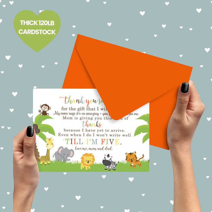 Cute Jungle Baby Shower Thank You Cards - Unisex (15 Pack) with Orange Envelopes, 4x6