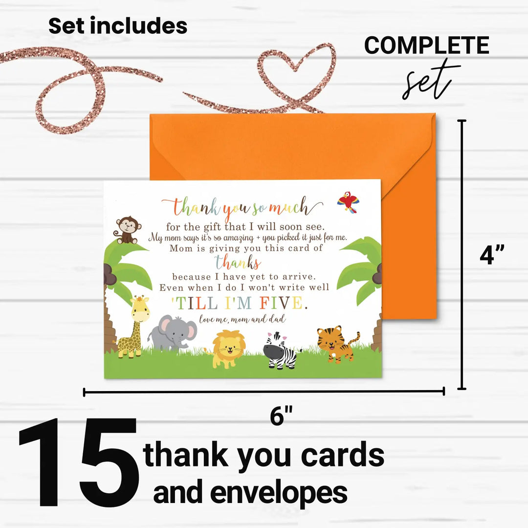 Cute Jungle Baby Shower Thank You Cards - Unisex (15 Pack) with Orange Envelopes, 4x6