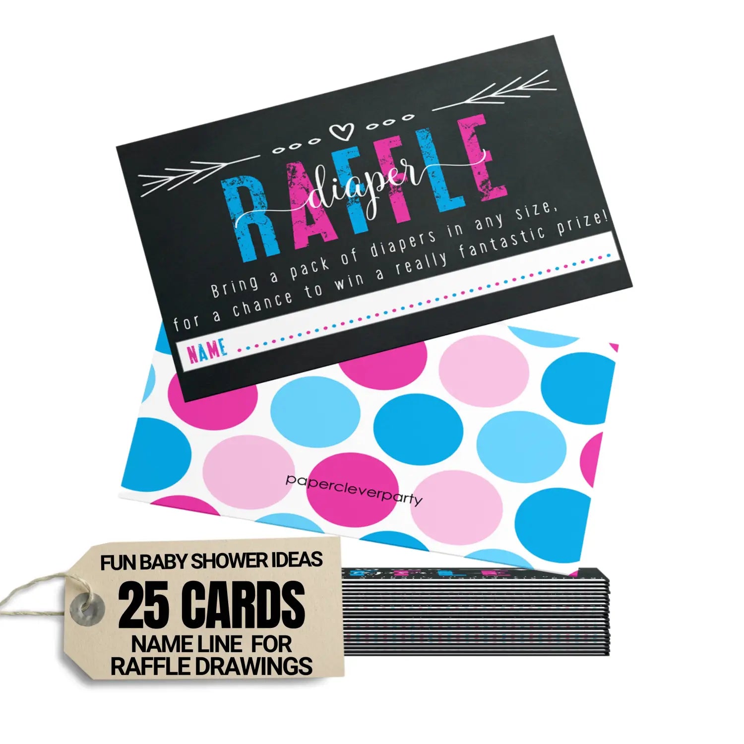 Gender reveal diaper raffle tickets - baby shower game inserts by paper clever party 25 pack - games
