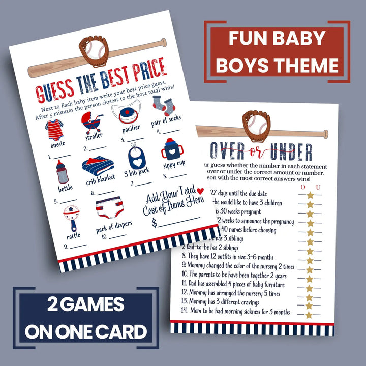 Home Run Baby Shower Game Set – Over or Under and Guess the Price Right 2 Pack of Baseball Themed Activities Ideas and Planning