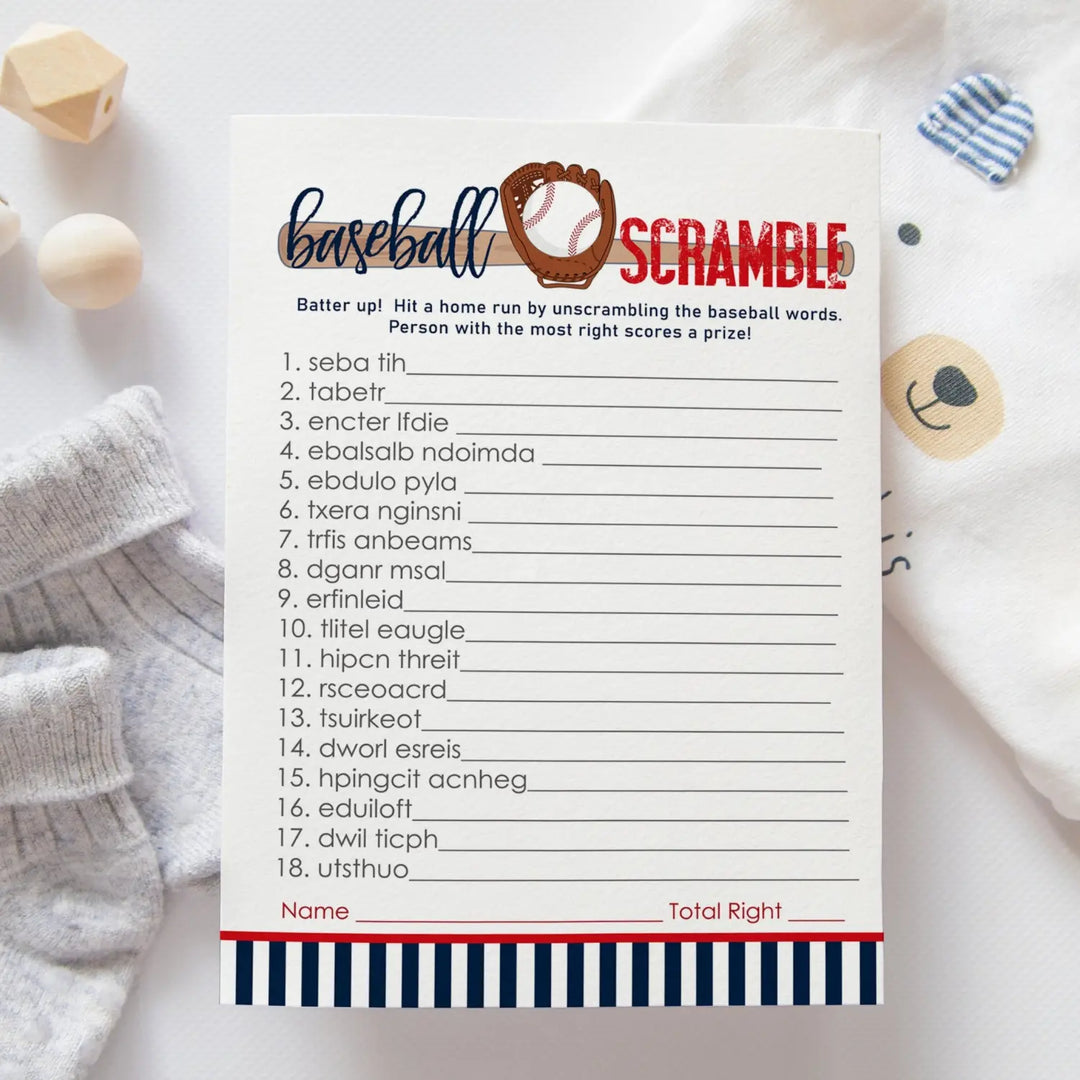 Baseball Word Scramble Baby Shower Games - Fun Unscramble Activities for Gender Reveal, Red and Blue Themes, 25 Cards