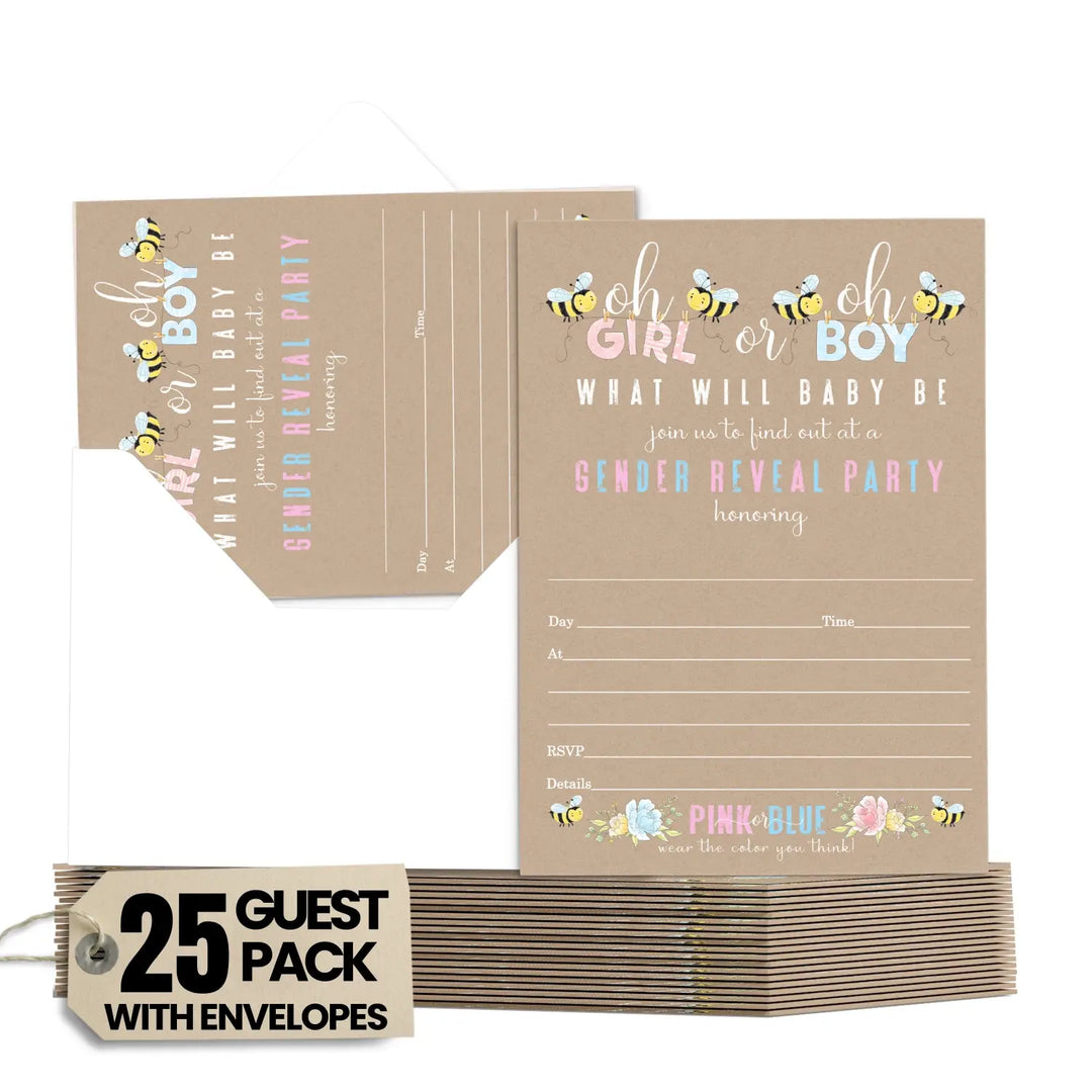 Bee Gender Reveal Invitations with Envelopes, 25 Pack, Customize Party Details, 5x7 Blank Cards