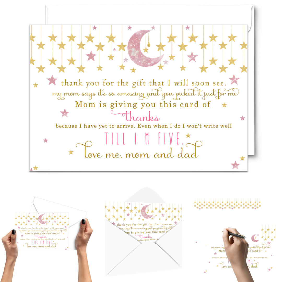 Twinkle Little Star Thank You Cards for Girls – Pink and Gold Notecards (Pack of 25) - Paper Clever Party