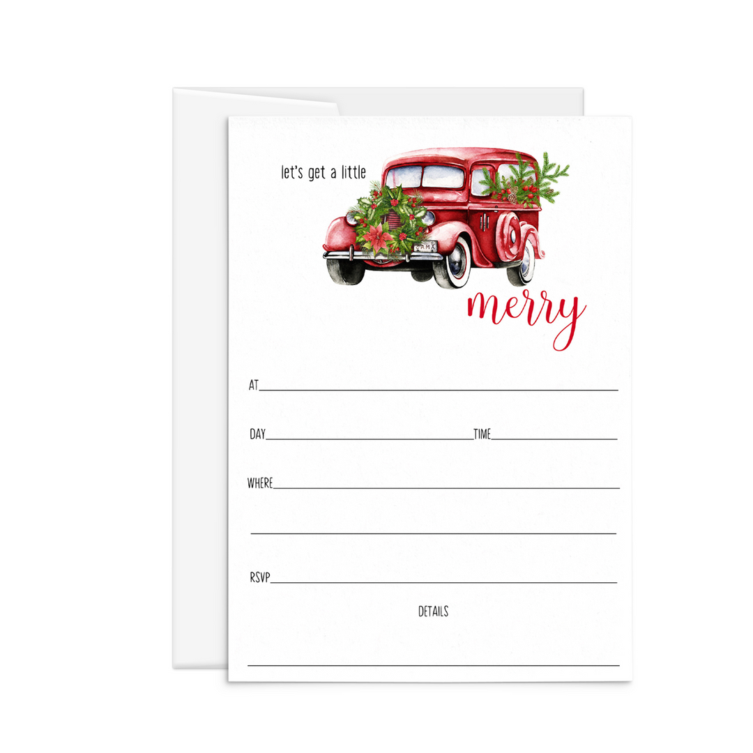 A Little Merry Christmas Invitations with Envelopes Rustic Truck Invites for Holiday Party, Open House, Jingle and Mingle, Receptions, Blank Invites to Personalize, 5x7 Card Set, 25 Guests - Paper Clever Party