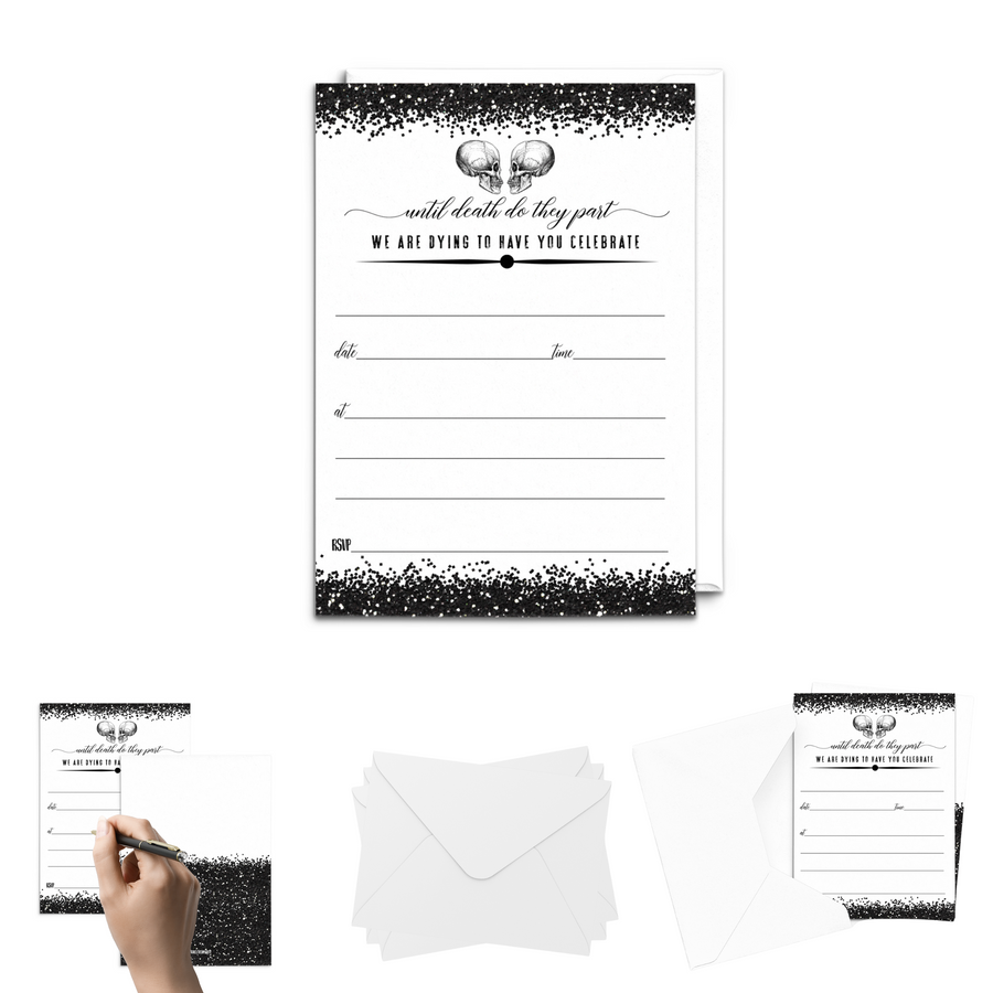 Gothic Skull Halloween Party Invites - 25ct, Black & White, 5x7 - Paper Clever Party