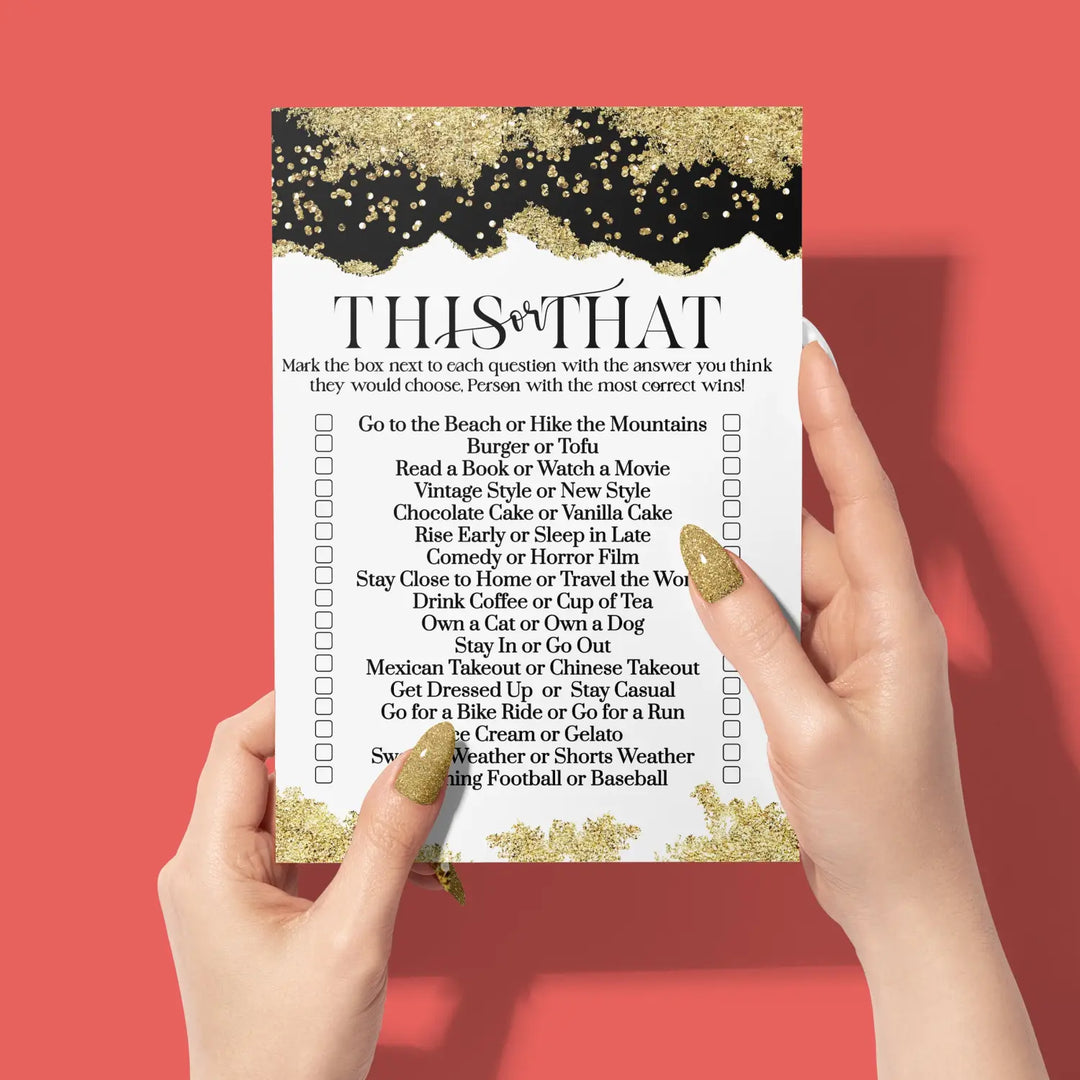 Black and gold bridal shower games - would she rather game fun this or that for graduation party rehearsal dinner