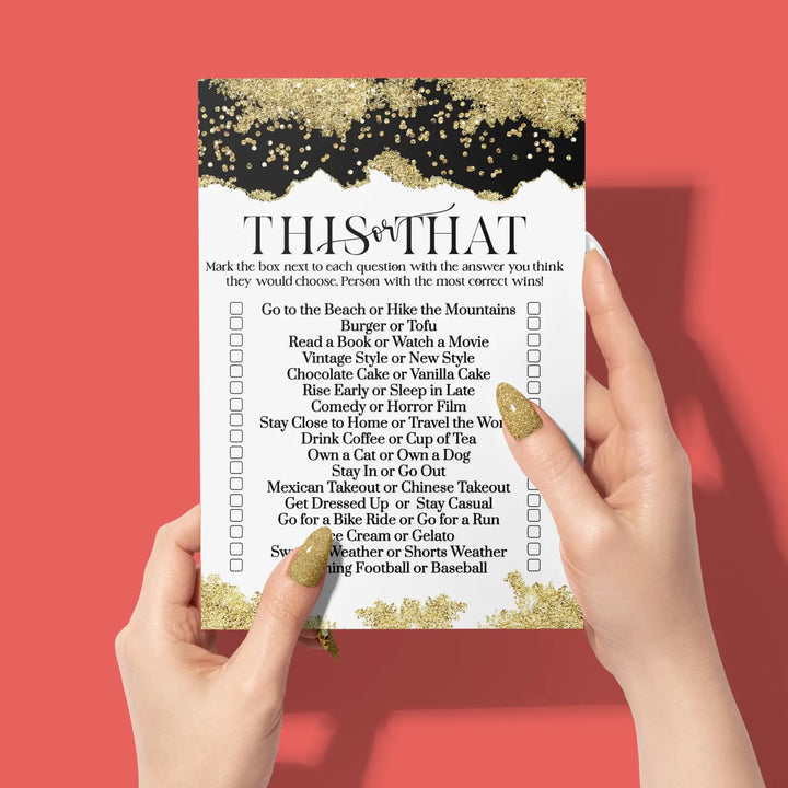 Black and gold bridal shower games - would she rather game fun this or that for graduation party rehearsal dinner