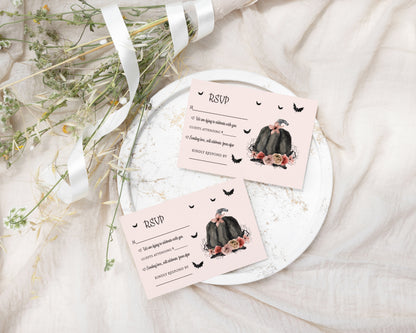 Halloween RSVP Cards - Spooky Chic Gothic Pink & Black Pumpkin Design with Spiders and Floral - Set of 25