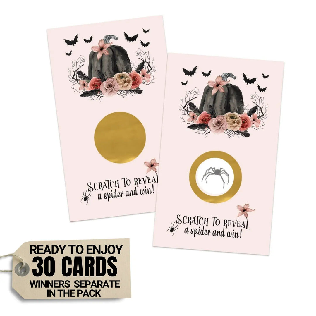 Gothic Scratch Off Bridal Shower Games for Halloween Wedding, Fall Festival, Adults, Scratcher Tickets, Pumpkin Party Favors Pink and Black, 30 Cards