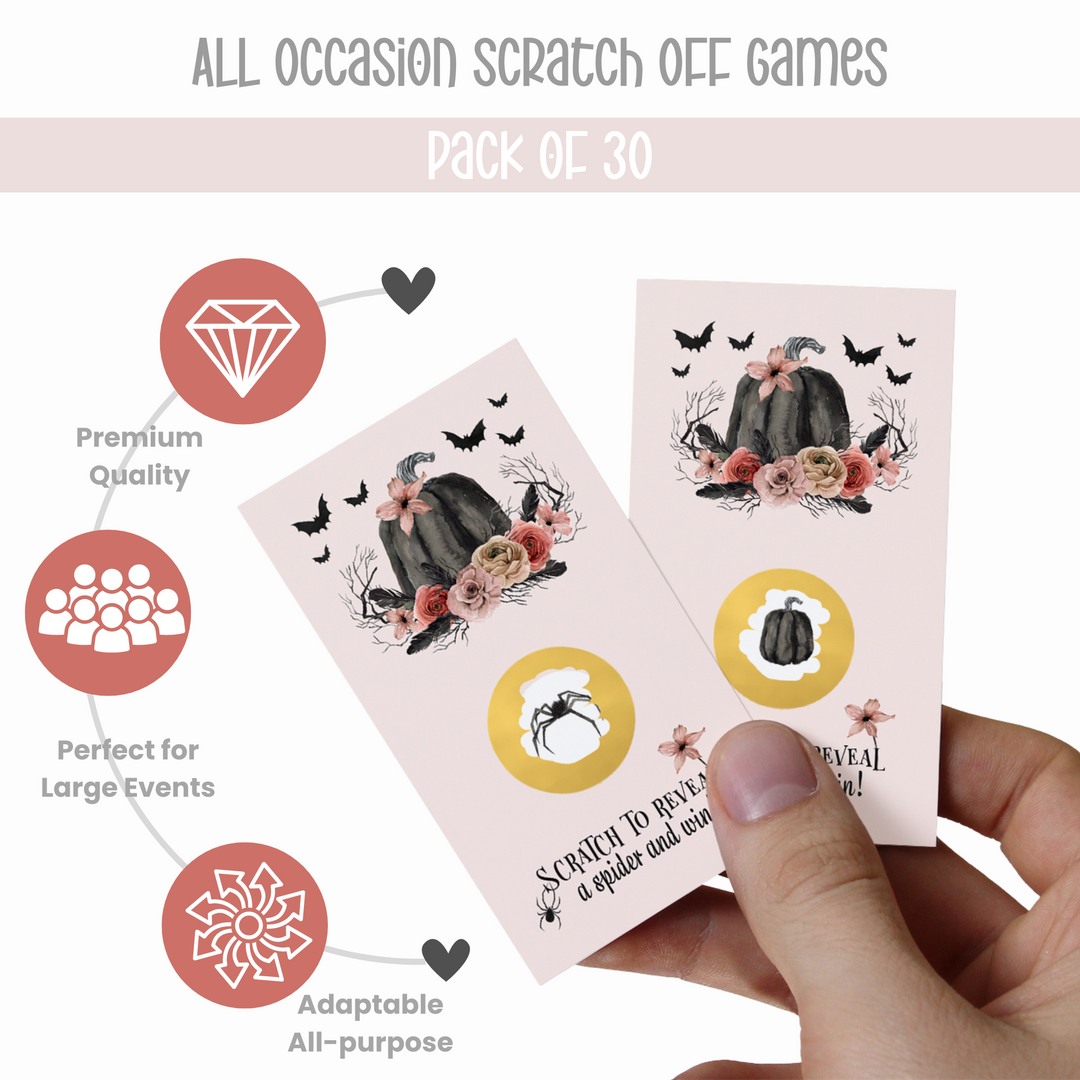 Gothic Scratch Off Bridal Shower Games for Halloween Wedding, Fall Festival, Adults, Scratcher Tickets, Pumpkin Party Favors Pink and Black, 30 Cards - Paper Clever Party