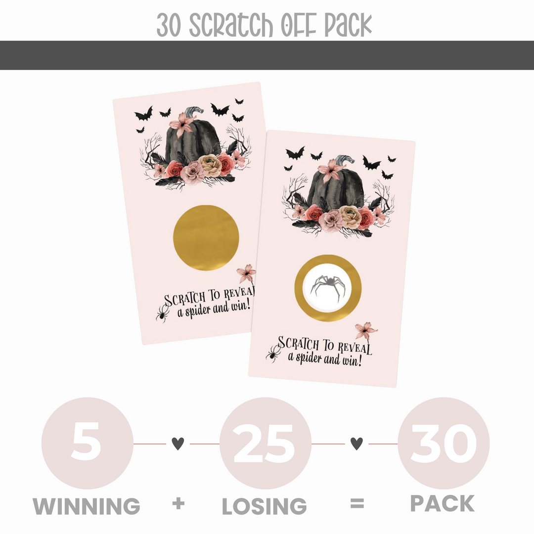 Gothic Scratch Off Bridal Shower Games for Halloween Wedding, Fall Festival, Adults, Scratcher Tickets, Pumpkin Party Favors Pink and Black, 30 Cards - Paper Clever Party